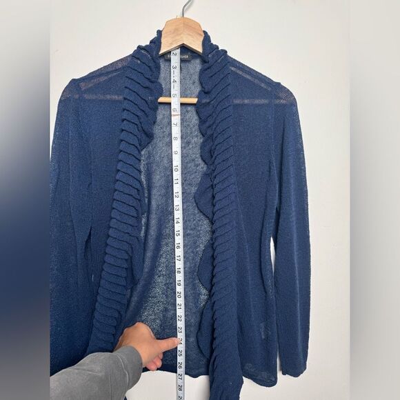Eileen Fisher Navy Blue Linen Blend Cardigan Sweater Small S knitted ruffles - Picture 13 of 14